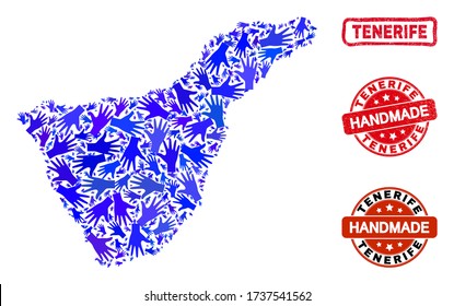 Combinación de vectores hechos a mano de mapas de Tenerife y sellos rascados. El mapa de Tenerife Mosaic está compuesto de manos azules dispersas. Marcas de agua rojas y rugosas con textura de caucho corroída.
