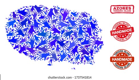 Combinación de vectores hechos a mano del mapa de la isla de Terceira y sellos de sellos corroídos. El mapa de la isla de Terceira Mosaic está hecho con manos azules dispersas. Juntas rojas redondeadas y rojas con textura de caucho impura.