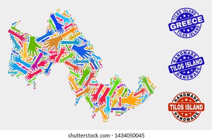 Vector handmade combination of Tilos Island map and corroded seals. Mosaic Tilos Island map is designed of random bright colored hands. Rounded watermarks with unclean rubber texture.