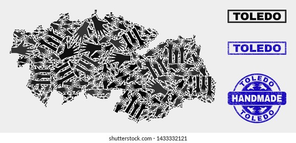 Vector handmade combination of Toledo Province map and corroded watermarks. Mosaic Toledo Province map is formed from random hands. Blue watermarks with corroded rubber texture.