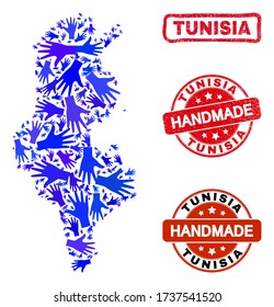 Vector handmade combination of Tunisia map and unclean seals. Mosaic Tunisia map is designed of random blue hands. Rounded and awry red stamp imprints with corroded rubber texture.