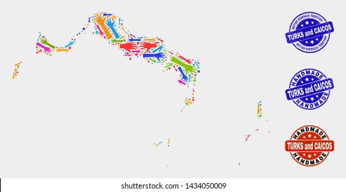 Vector handmade combination of Turks and Caicos Islands map and unclean stamp seals. Mosaic Turks and Caicos Islands map is organized from randomized bright colorful hands.