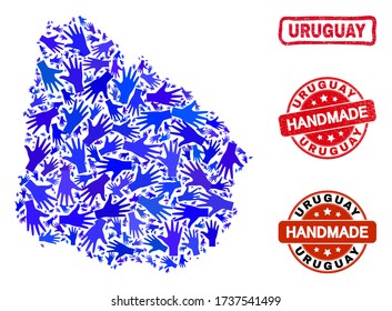 Vector handmade combination of Uruguay map and rubber seals. Mosaic Uruguay map is done with randomized blue hands. Rounded and crooked red watermarks with unclean rubber texture.