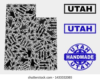 Vector handmade combination of Utah State map and scratched watermarks. Mosaic Utah State map is done with scattered hands. Blue watermarks with distress rubber texture.