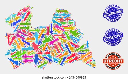 Vector handmade combination of Utrecht Province map and grunge seals. Mosaic Utrecht Province map is made of random bright colorful hands. Rounded seals with scratched rubber texture.