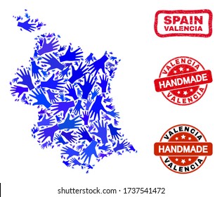 Vector handmade combination of Valencia Province map and scratched watermarks. Mosaic Valencia Province map is made with random blue hands. Rounded and wry red watermarks with unclean rubber texture.