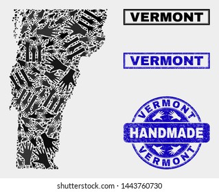 Vector handmade combination of Vermont State map and scratched stamp seals. Mosaic Vermont State map is done of randomized hands. Blue watermarks with scratched rubber texture.