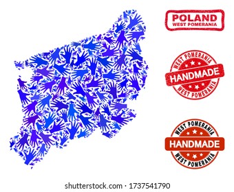 Vector handmade combination of West Pomeranian Voivodeship map and textured watermarks. Mosaic West Pomeranian Voivodeship map is done of scattered blue hands.