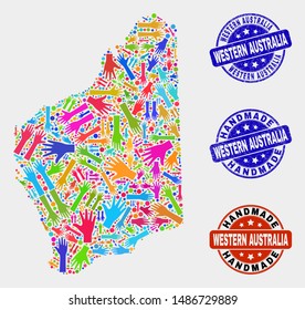 Vector handmade combination of Western Australia map and scratched stamp seals. Mosaic Western Australia map is composed with scattered bright colored hands.