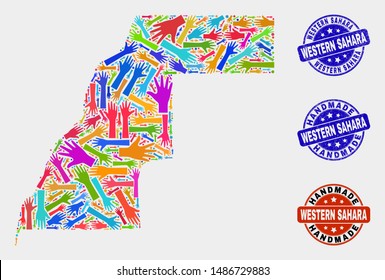 Vector handmade combination of Western Sahara map and grunge stamp seals. Mosaic Western Sahara map is designed with randomized bright colorful hands.