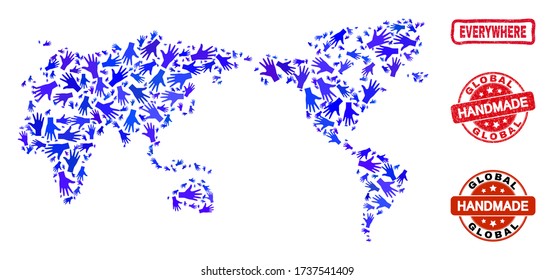 Vector handmade combination of world map and grunge seals. Mosaic World map is made with scattered blue hands. Rounded and wry red seals with grunge rubber texture.