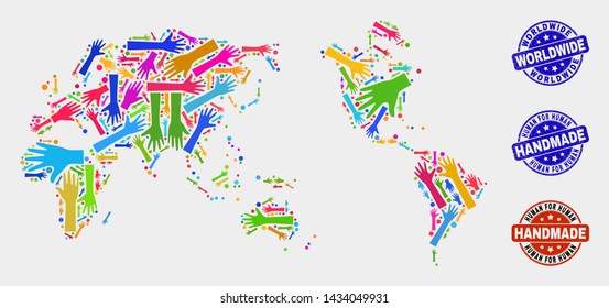 Vector handmade combination of worldwide map and corroded watermarks. Mosaic Worldwide map is made with scattered bright colorful hands. Rounded watermarks with scratched rubber texture.