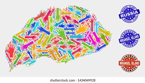 Vector handmade combination of Wrangel Island map and rubber seals. Mosaic Wrangel Island map is constructed of scattered bright colorful hands. Rounded seals with scratched rubber texture.