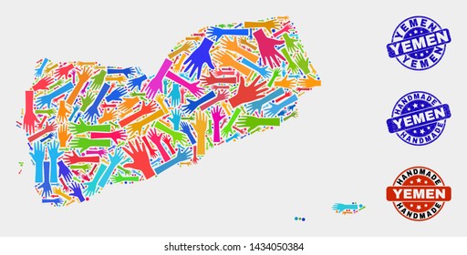 Vector handmade combination of Yemen map and rubber stamp seals. Mosaic Yemen map is designed with randomized bright colorful hands. Rounded stamp imprints with scratched rubber texture.