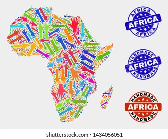 Vector handmade composition of Africa map and rubber watermarks. Mosaic Africa map is constructed of scattered bright colored hands. Rounded watermarks with corroded rubber texture.