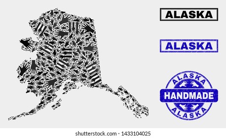 Vector handmade composition of Alaska map and rubber watermarks. Mosaic Alaska map is done with random hands. Blue seals with unclean rubber texture. Flat design for handmade service posters.