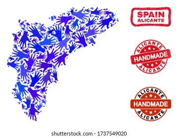 Vector handmade composition of Alicante Province map and dirty watermarks. Mosaic Alicante Province map is made with scattered blue hands. Rounded and wry red watermarks with distress rubber texture.