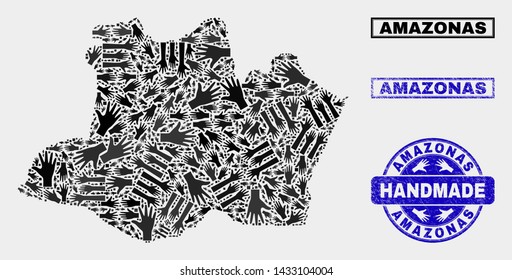 Vector handmade composition of Amazonas State map and textured stamp seals. Mosaic Amazonas State map is organized of random hands. Blue seals with corroded rubber texture.