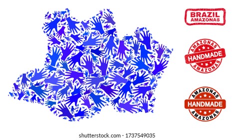 Vector handmade composition of Amazonas State map and rubber seals. Mosaic Amazonas State map is constructed of random blue hands. Rounded and wry red seals with grunge rubber texture.