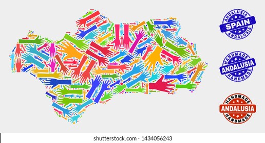 Vector handmade composition of Andalusia Province map and grunge watermarks. Mosaic Andalusia Province map is done with random bright colored hands. Rounded watermarks with grunge rubber texture.