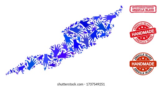 Vector handmade composition of Anguilla Island map and rubber stamps. Mosaic Anguilla Island map is constructed with scattered blue hands. Rounded and wry red watermarks with grunge rubber texture.
