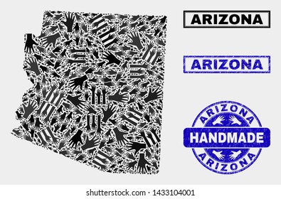 Vector handmade composition of Arizona State map and textured seals. Mosaic Arizona State map is formed from randomized hands. Blue seals with scratched rubber texture.