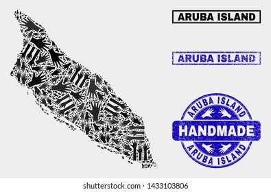Vector handmade composition of Aruba Island map and textured watermarks. Mosaic Aruba Island map is created with random hands. Blue seals with distress rubber texture.