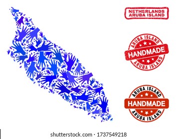 Composición vectorial hecha a mano del mapa de la isla de Aruba y marcas de agua de fondo. El mapa de la isla Mosaic de Aruba está organizado con manos azules dispersas. Marcas de agua rojas redondeadas y torcidas con textura de caucho corroída.