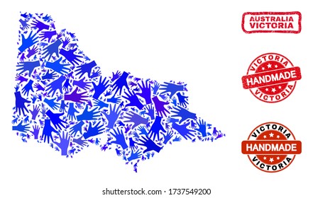Vector handgefertigte Komposition von australischen Victoria Karte und unleane Siegel. Mosaik australische Victoria Karte ist mit zufällig blauen Händen konstruiert.