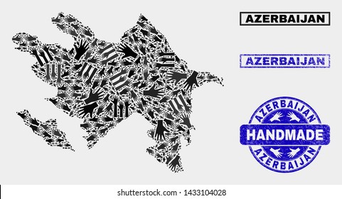 Vector handmade composition of Azerbaijan map and textured seals. Mosaic Azerbaijan map is designed of random hands. Blue seals with corroded rubber texture.