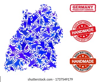 Vector handmade composition of Baden-Wurttemberg Land map and unclean seals. Mosaic Baden-Wurttemberg Land map is organized of randomized blue hands.