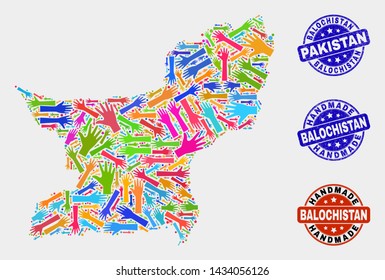 Vector handmade composition of Balochistan Province map and unclean stamps. Mosaic Balochistan Province map is formed of randomized bright colored hands. Rounded seals with unclean rubber texture.