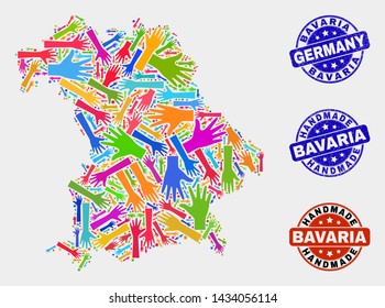 Vector handmade composition of Bavaria Land map and scratched stamp seals. Mosaic Bavaria Land map is formed of random bright colored hands. Rounded stamp imprints with corroded rubber texture.
