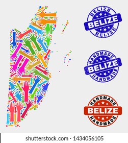 Vector handmade composition of Belize map and rubber watermarks. Mosaic Belize map is done of random bright colorful hands. Rounded watermarks with grunge rubber texture.