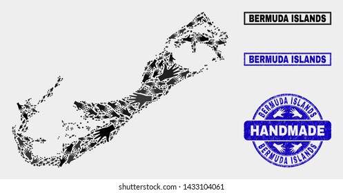 Vector handmade composition of Bermuda Islands map and rubber seals. Mosaic Bermuda Islands map is done with randomized hands. Blue stamp imprints with scratched rubber texture.