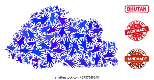Vector handmade composition of Bhutan map and textured stamp seals. Mosaic Bhutan map is organized of scattered blue hands. Rounded and crooked red stamp imprints with grunge rubber texture.