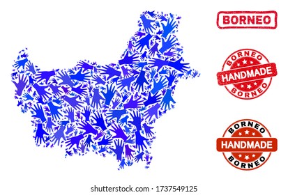 Vector handmade composition of Borneo map and rubber watermarks. Mosaic Borneo map is done of scattered blue hands. Rounded and crooked red stamp imprints with distress rubber texture.