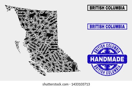 Vector handmade composition of British Columbia map and rubber watermarks. Mosaic British Columbia map is made of random hands. Blue seals with grunge rubber texture.