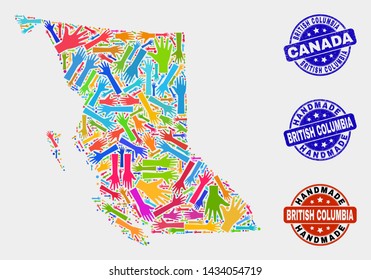 Vector handmade composition of British Columbia map and textured seals. Mosaic British Columbia map is made of scattered bright colorful hands. Rounded seals with grunge rubber texture.
