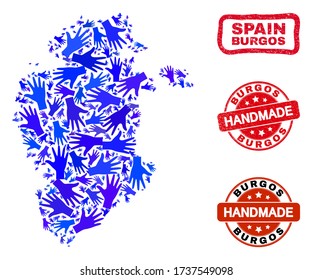 Vector handgefertigte Komposition von Burgos Landkarte und Gummidichtungen. Die Karte der Provinz Mosaic Burgos besteht aus randomisierten blauen Händen. Gerundete und gekrönte rote Dichtungen mit unreiner Gummistruktur.
