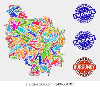Vector handmade composition of Burgundy Province map and scratched stamp seals. Mosaic Burgundy Province map is created with randomized bright colorful hands.