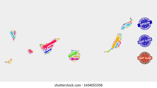 Vector handmade composition of Canary Islands map and scratched seals. Mosaic Canary Islands map is organized of randomized bright colored hands. Rounded seals with corroded rubber texture.
