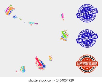 Vector handmade composition of Cape Verde Islands map and dirty seals. Mosaic Cape Verde Islands map is formed with randomized bright colored hands. Rounded seals with distress rubber texture.