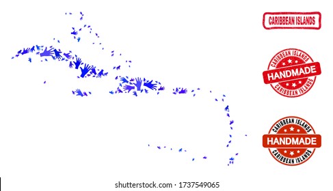 Vector handmade composition of Caribbean Islands map and unclean stamp seals. Mosaic Caribbean Islands map is made of scattered blue hands. Rounded and wry red seals with unclean rubber texture.