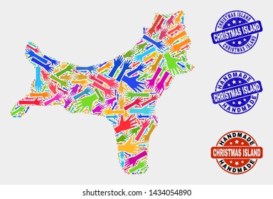 Vector handmade composition of Christmas Island map and rubber watermarks. Mosaic Christmas Island map is composed with random bright colored hands.