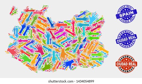 Vector handmade composition of Ciudad Real Province map and grunge stamp seals. Mosaic Ciudad Real Province map is formed with random bright colorful hands. Rounded seals with corroded rubber texture.