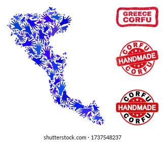 Vector handmade composition of Corfu Island map and unclean stamp seals. Mosaic Corfu Island map is designed with random blue hands. Rounded and rough red seals with corroded rubber texture.