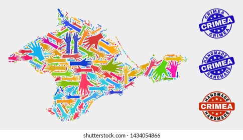 Vector handmade composition of Crimea map and rubber watermarks. Mosaic Crimea map is formed with random bright colorful hands. Rounded watermarks with distress rubber texture.