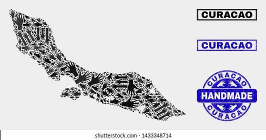 Vector handmade composition of Curacao Island map and rubber watermarks. Mosaic Curacao Island map is constructed from random hands. Blue watermarks with unclean rubber texture.