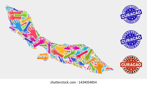 Vector handmade composition of Curacao Island map and rubber watermarks. Mosaic Curacao Island map is organized of random bright colored hands. Rounded watermarks with corroded rubber texture.